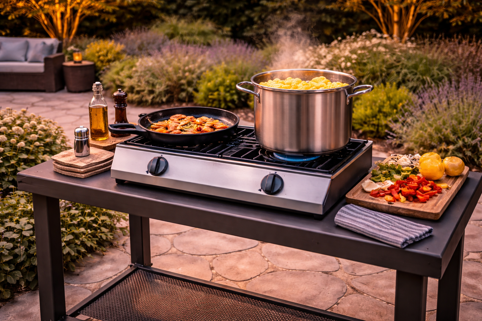 Outdoor stovetop burner setup on patio cooking station