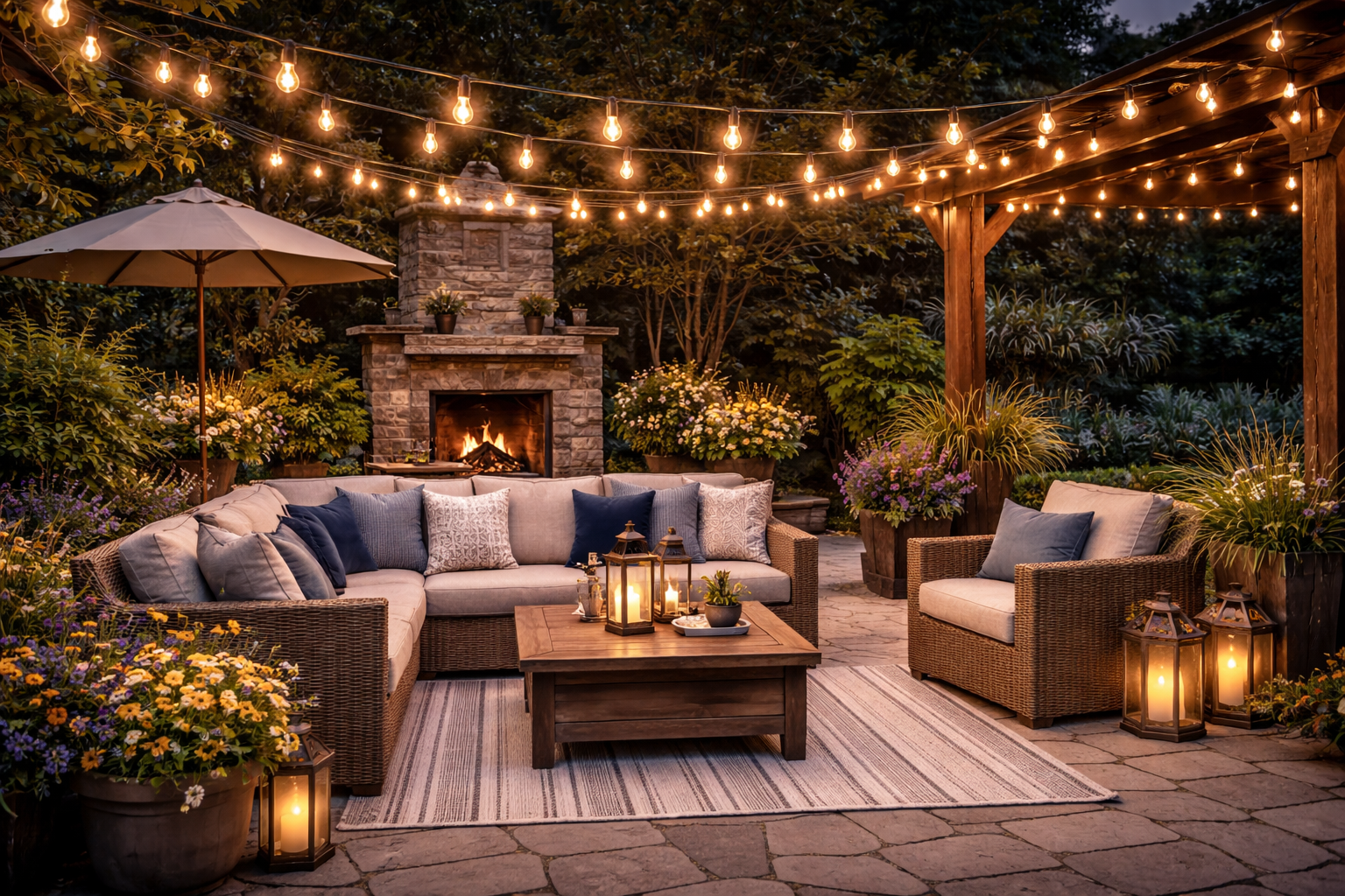 Outdoor patio with string lights hanging above seating area