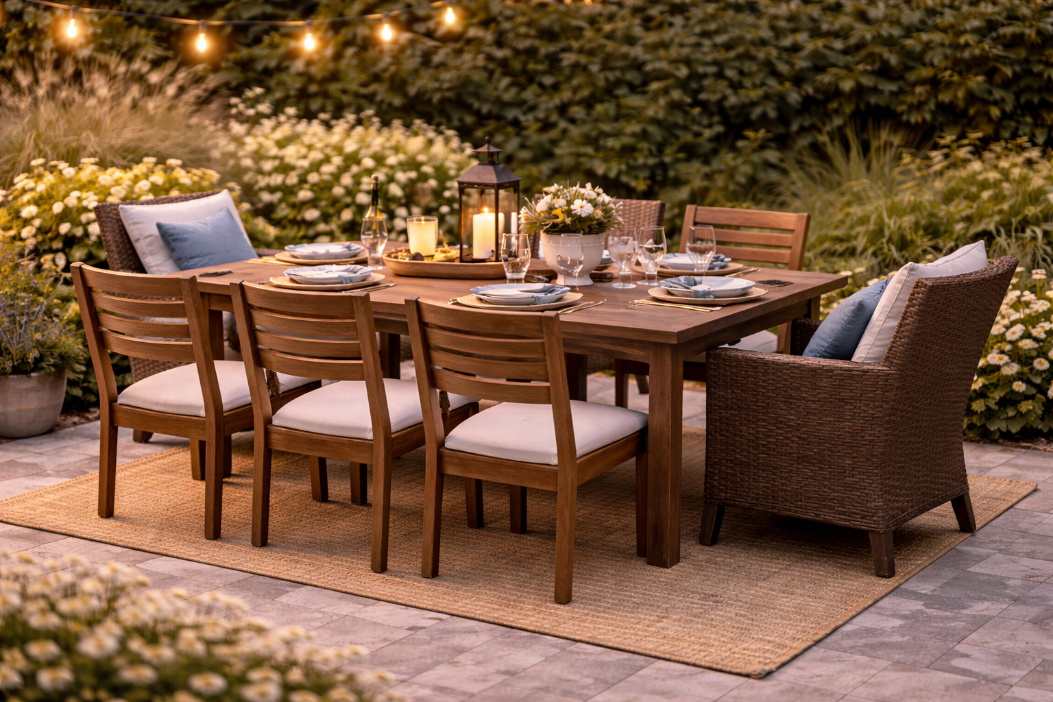 Outdoor patio dining table with chairs set on a backyard deck