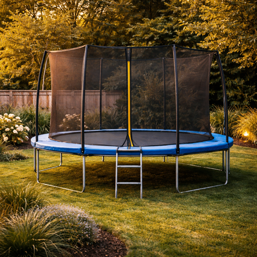 Backyard trampoline with safety enclosure in residential yard