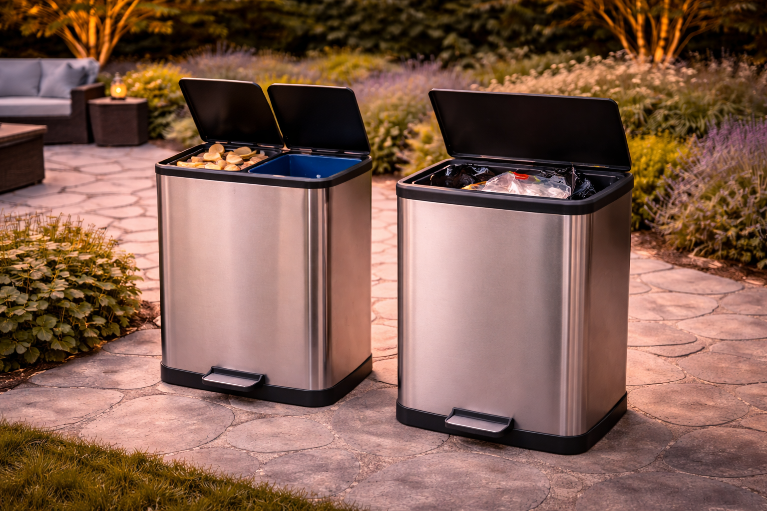 Outdoor garbage can setup near patio cooking and dining area