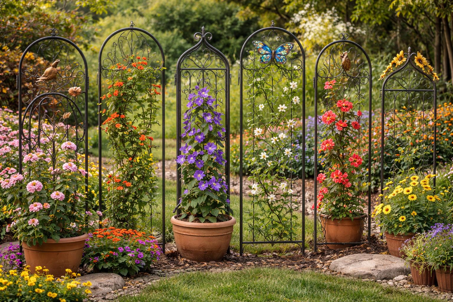 Garden trellises with climbing plants and flowers