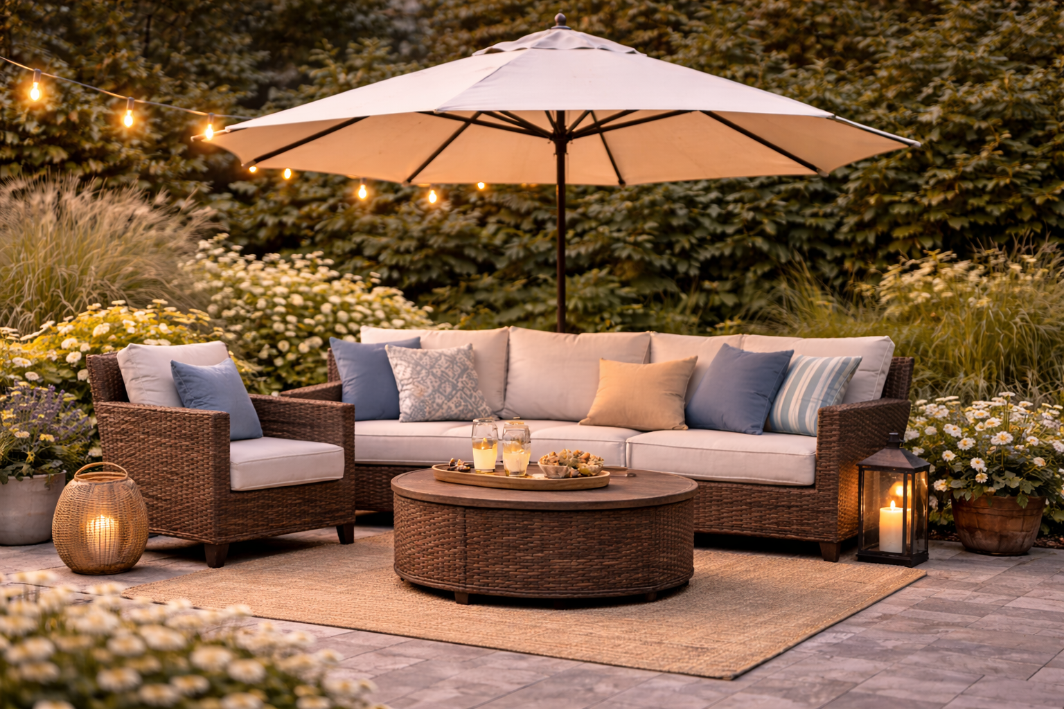 Outdoor patio umbrella providing shade over a dining table on a backyard patio