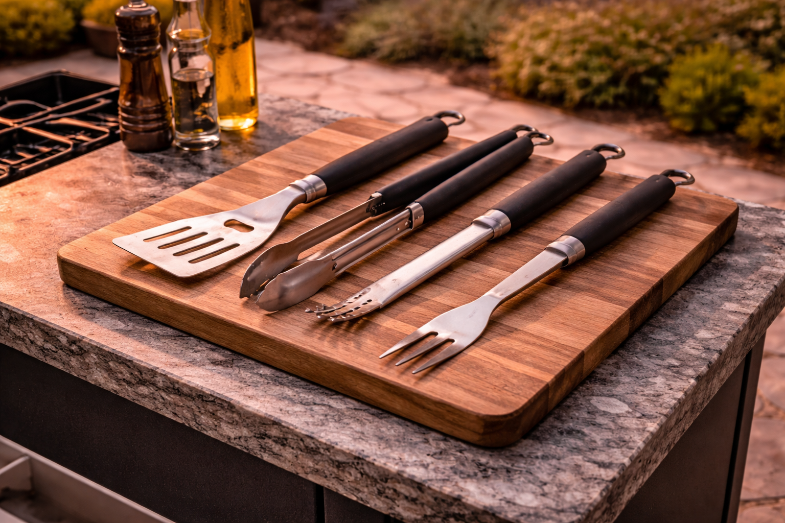 Outdoor grilling utensils set including spatula tongs and fork
