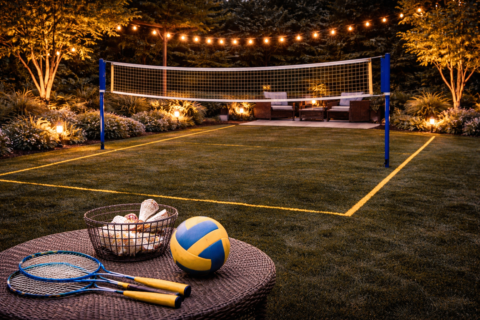 Backyard badminton and volleyball net set with lawn setup