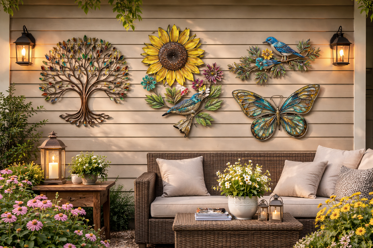 Outdoor patio wall with decorative garden wall art pieces