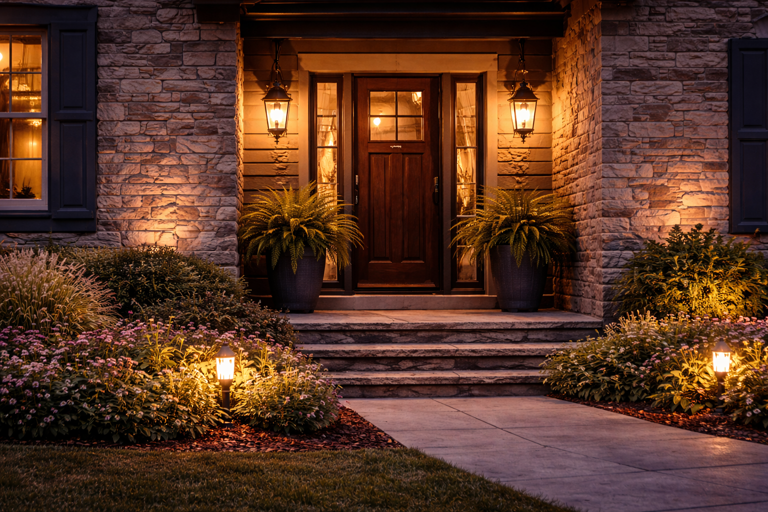 Outdoor wall lights mounted on house exterior at night