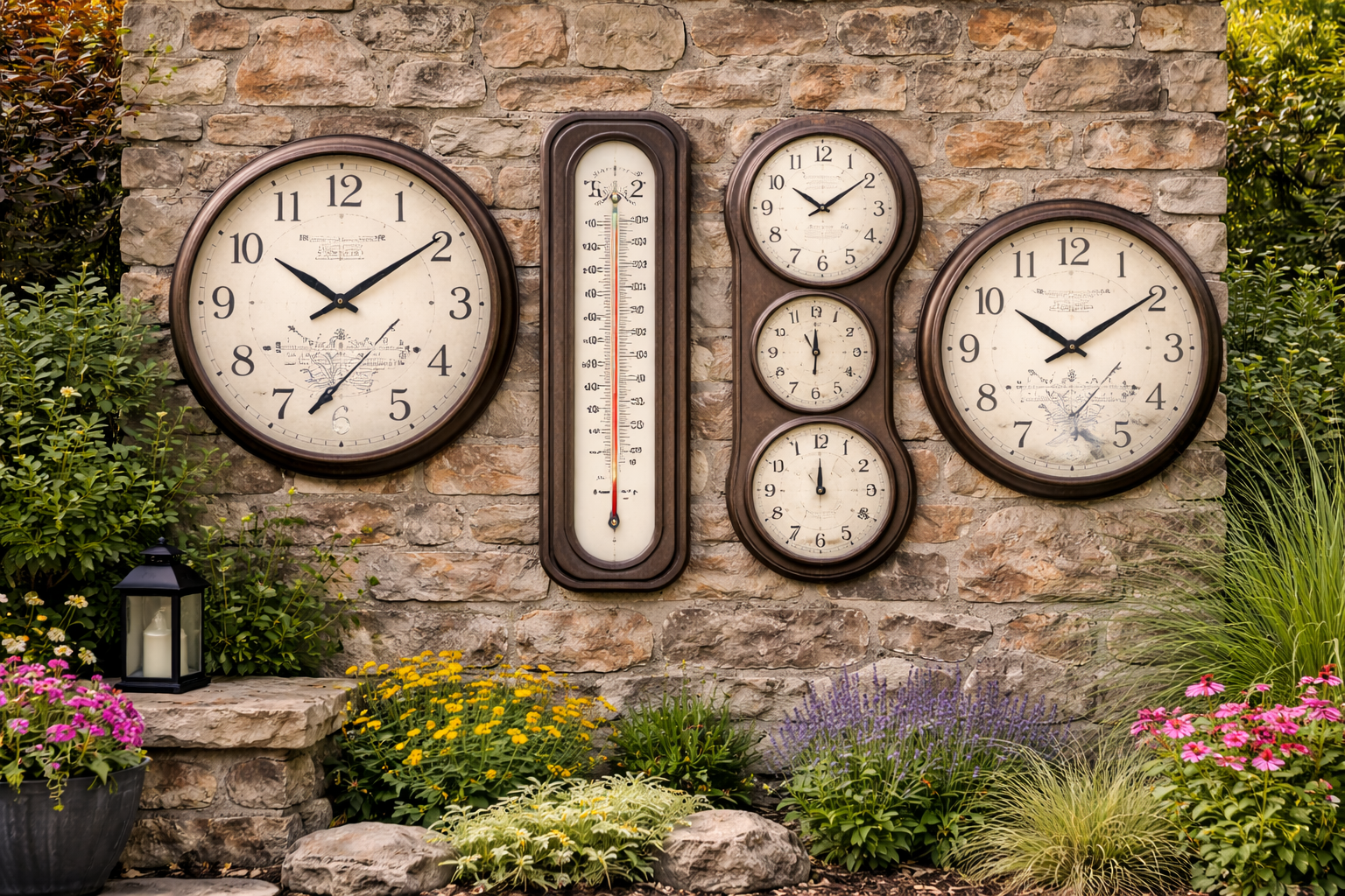 Outdoor thermometer and weather gauge installed in backyard garden
