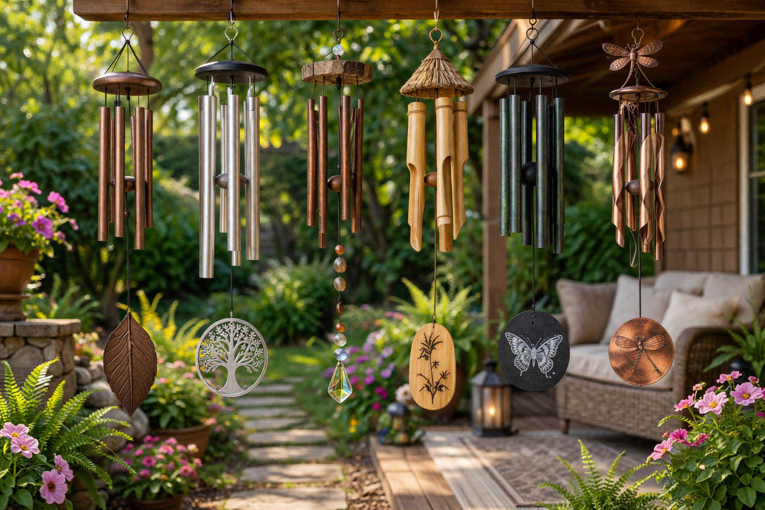 Outdoor wind chimes hanging in garden patio setting