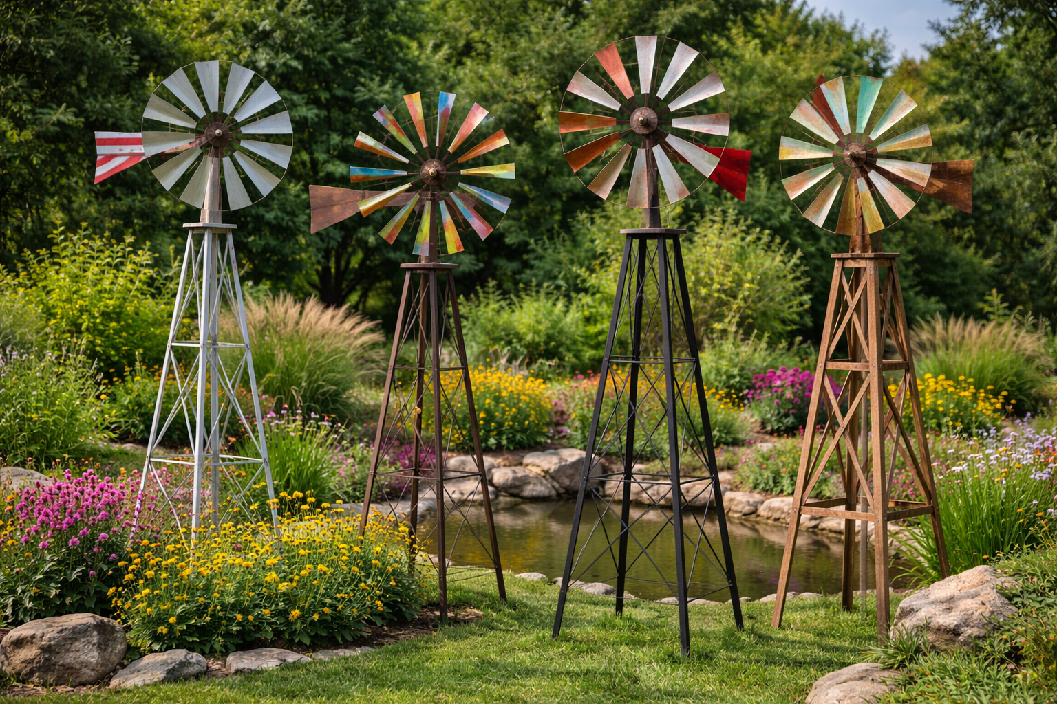 Decorative garden windmill spinning in landscaped backyard