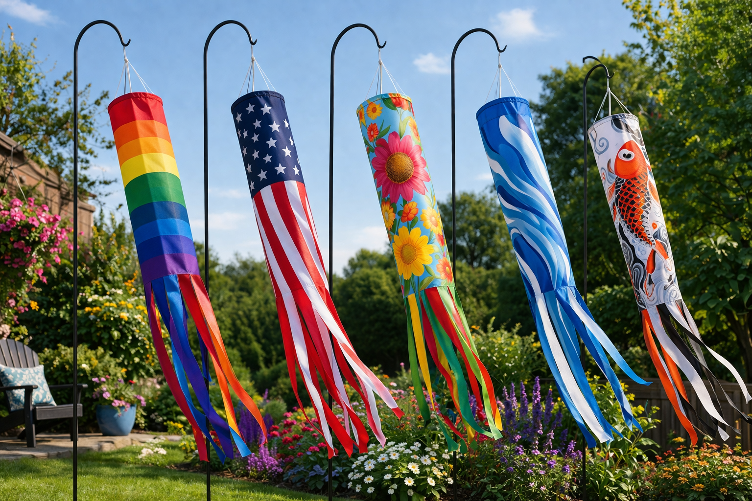 Decorative wind sock hanging outdoors with colorful fabric flowing in breeze