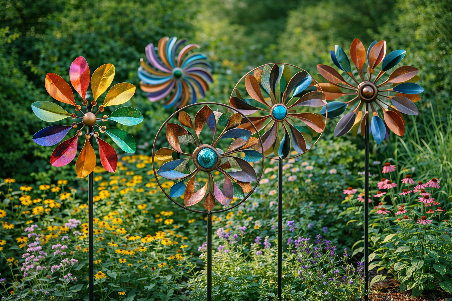 Colorful wind spinner rotating in backyard garden with plants