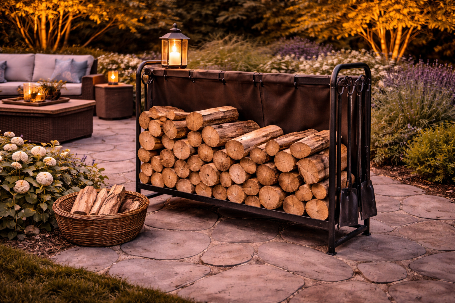 Outdoor firewood rack storing logs neatly beside patio seating area