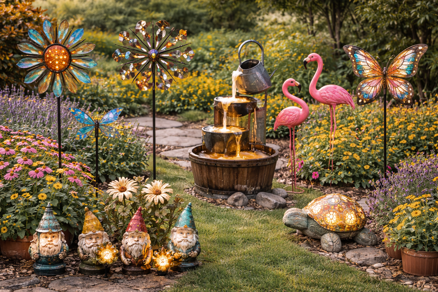 Colorful yard art and decorative pieces in landscaped garden