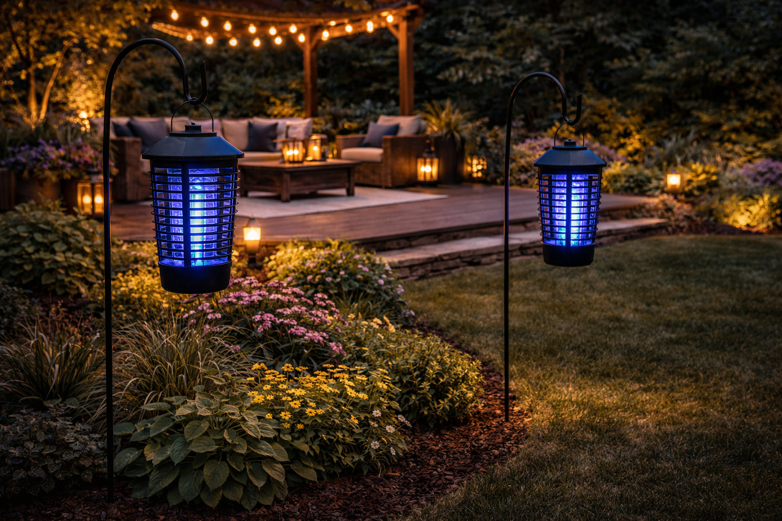 Outdoor bug zapper installed on patio at night