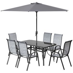 7-Piece Outdoor Patio Dining Set – Table, 6 Mesh Chairs & Umbrella
