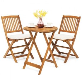 3-Piece Folding Bistro Set – Acacia Wood Patio Table & Chairs with Cushions