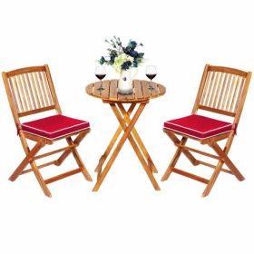 3-Piece Folding Patio Bistro Set – Acacia Wood Table & Chairs with Cushions