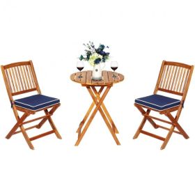 Acacia Wood Folding Bistro Set – 3-Piece Patio Table & Chairs with Cushions