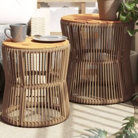 Patio Side Tables 2 pcs with Wooden Top Beige Poly Rattan