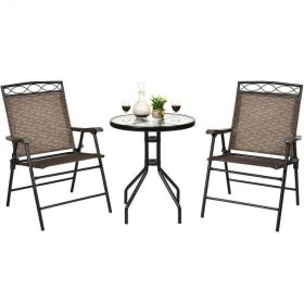 3-Piece Outdoor Patio Bistro Set – Folding Chairs & Tempered Glass Table for Balcony & Garden (Color: Shown in the pic, size: 24 Inch)