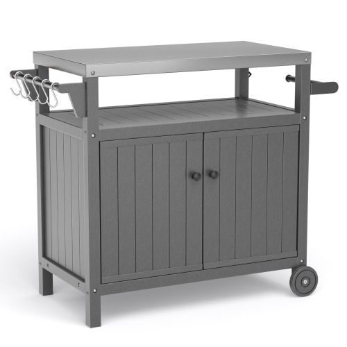 Outdoor Grilling Table with Storage,,Waterproof Outdoor Grill Cabinet,Stainless Steel Tabletop Outdoor Kitchen Island,BBQ Cart with Wheels