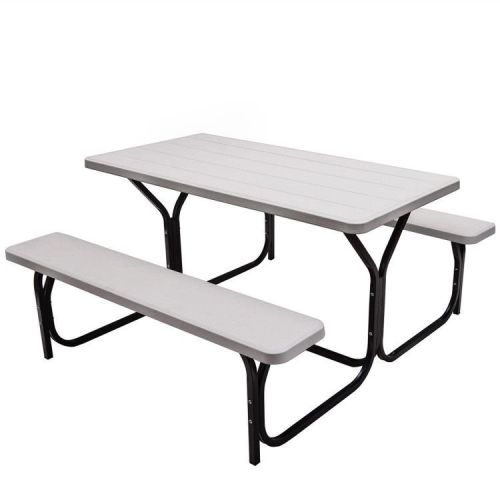 Outdoor Picnic Table Bench Set with Metal Base